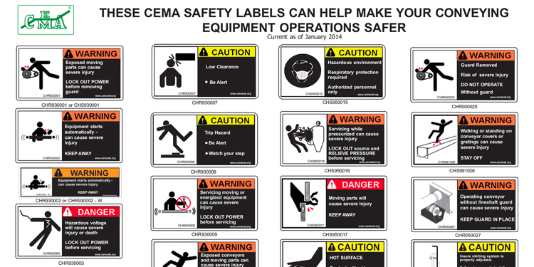 A sample of warning labels for conveyor equipment.